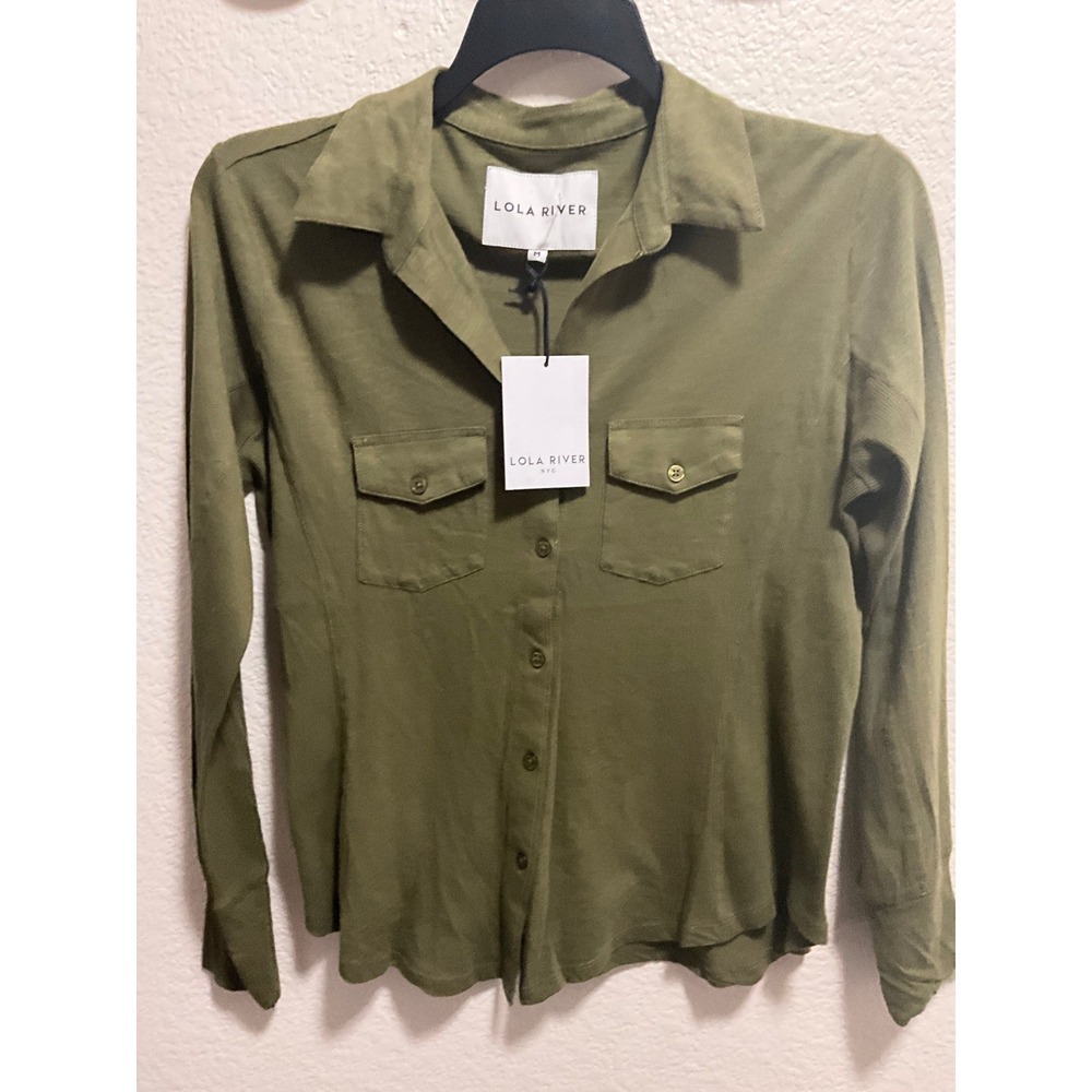 Lola River NYC Womens Olive Green Slub Knit Button Down Utility Shirt Size M NWT